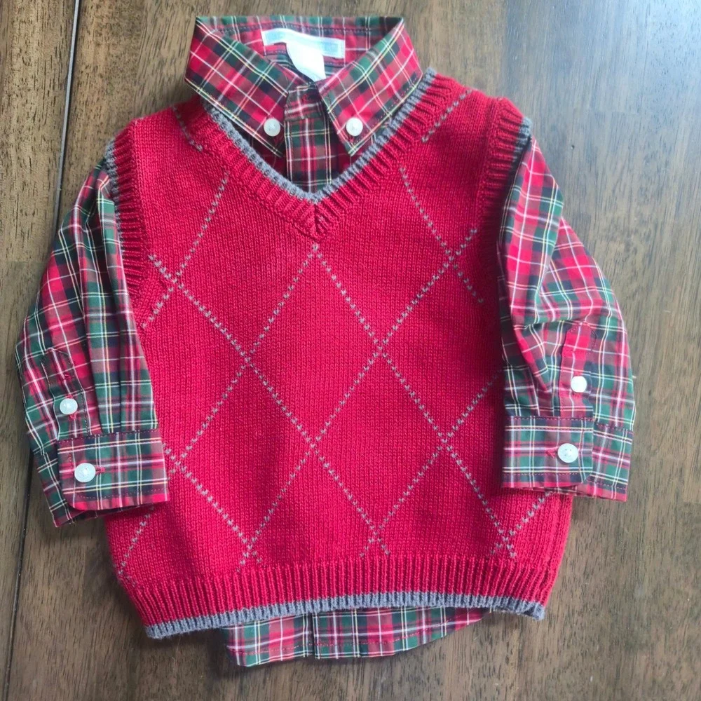 Janie and Jack Red Plaid Shirt and Argyle Sweater Vest Set 3-6 Months Holiday